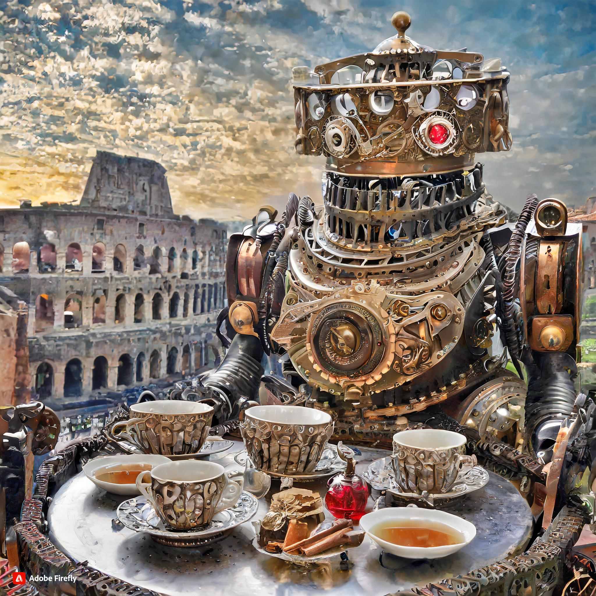 Firefly the colosseum, rome italy, A steampunk-themed tea ceremony with ornate, gear-adorned tea set.jpeg